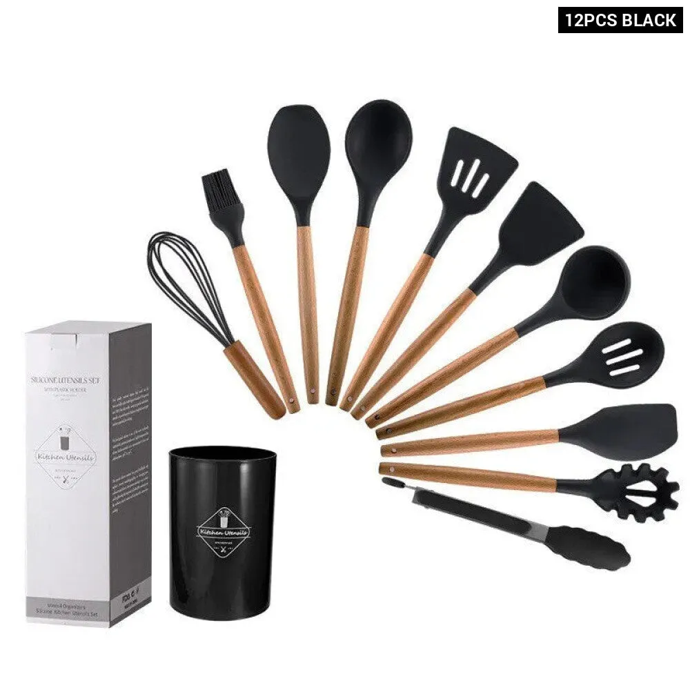12 Piece Wooden Handle Silicone Kitchen Utensils Storage Bucket