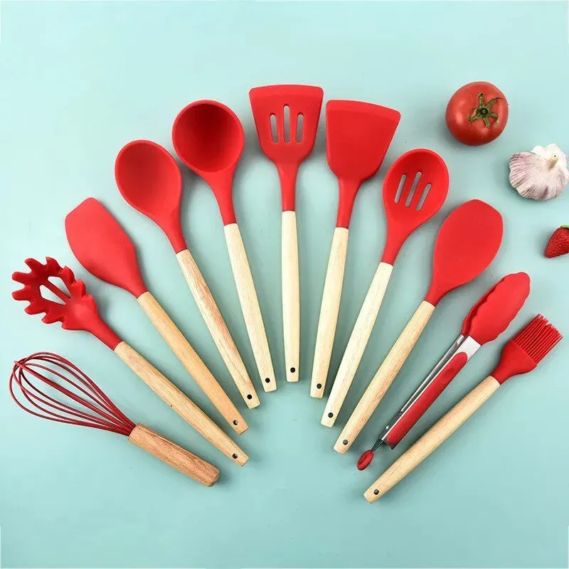 12 Piece Wooden Handle Silicone Kitchen Utensils Storage Bucket