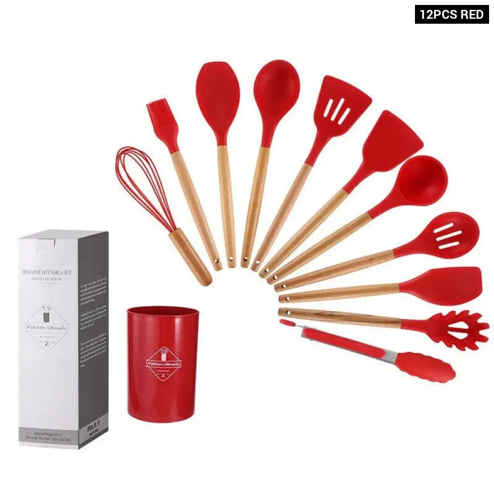 12 Piece Wooden Handle Silicone Kitchen Utensils Storage Bucket