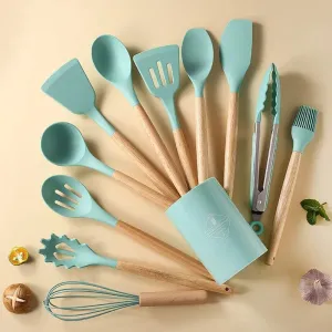 12 Piece Wooden Handle Silicone Kitchen Utensils Storage Bucket
