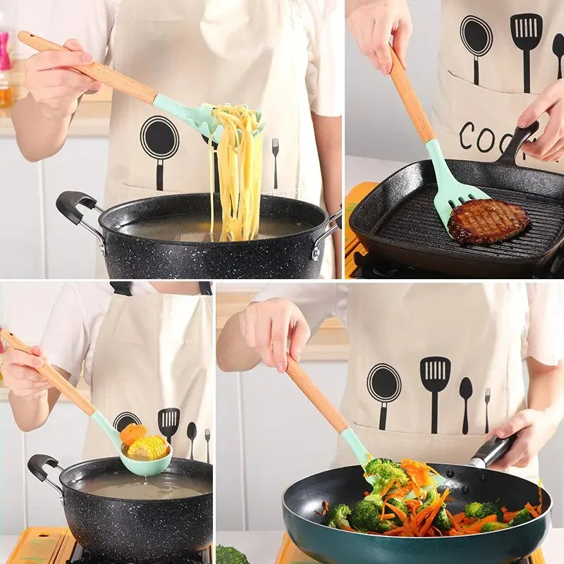12 Piece Wooden Handle Silicone Kitchen Utensils Storage Bucket