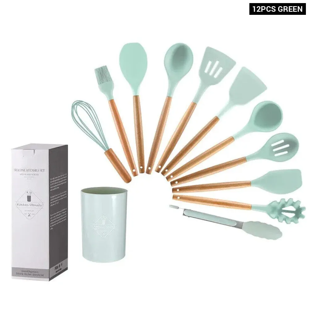 12 Piece Wooden Handle Silicone Kitchen Utensils Storage Bucket