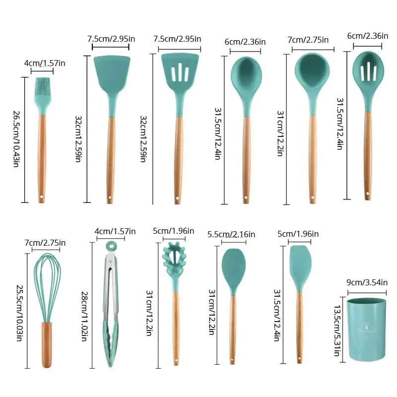 12 Piece Wooden Handle Silicone Kitchen Utensils Storage Bucket