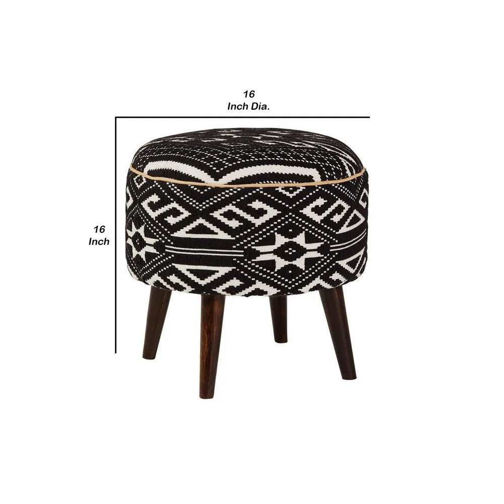 16 Inch Round Upholstered Ottoman, Cushioned Seat, Tapered Legs, Black By Casagear Home