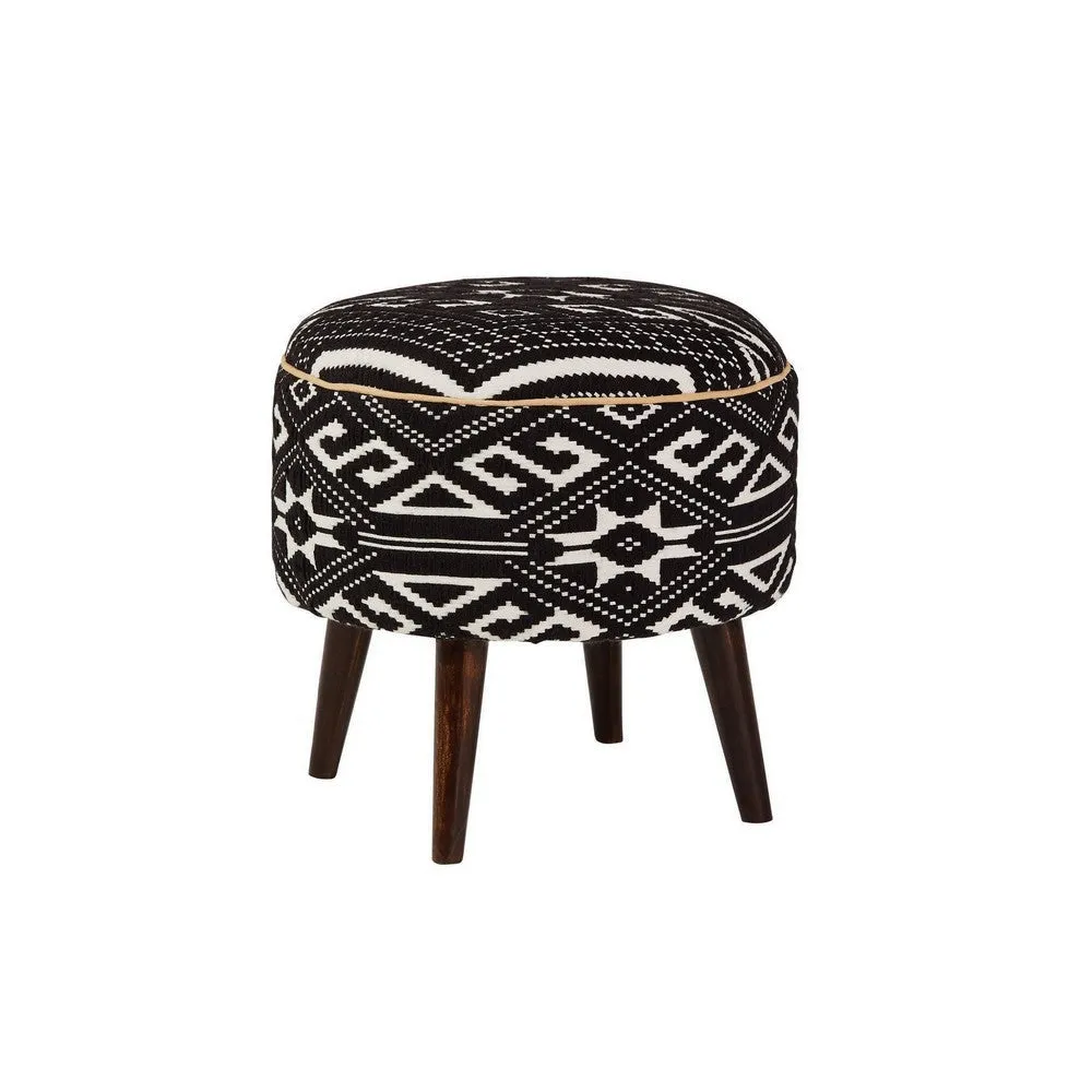 16 Inch Round Upholstered Ottoman, Cushioned Seat, Tapered Legs, Black By Casagear Home