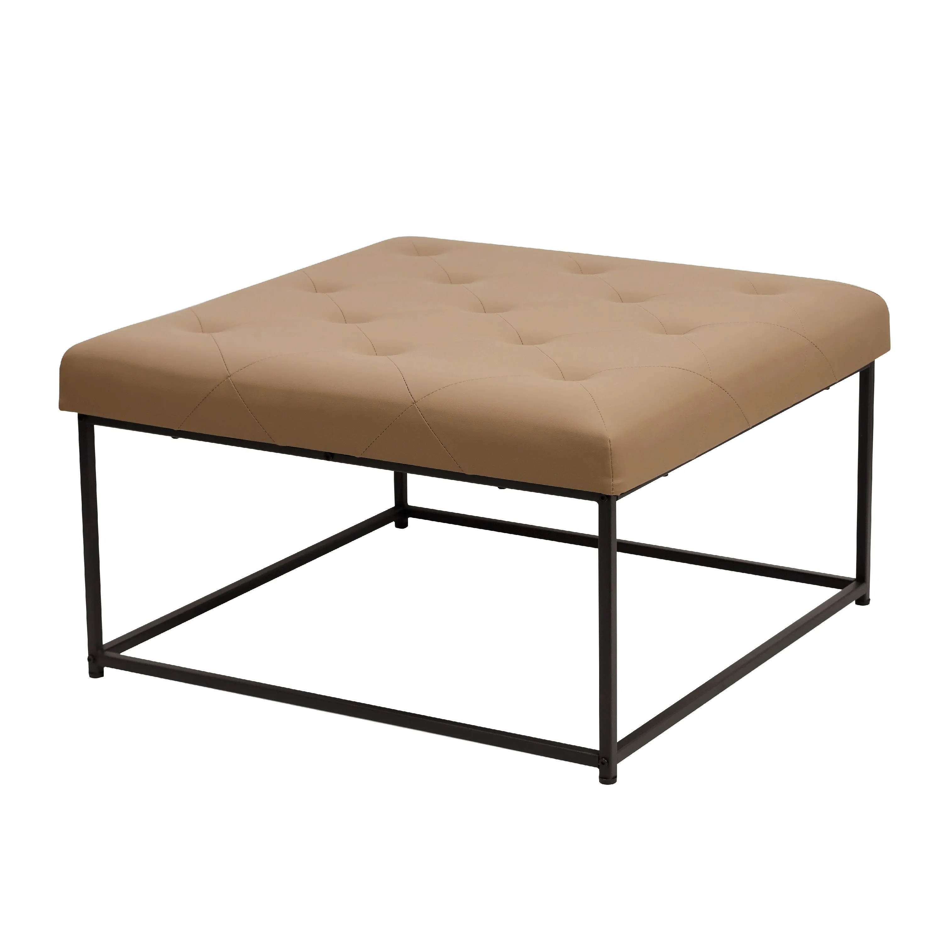 30" LeatherSoft Tufted Ottoman - Black Metal Frame, Beige - 250 lbs. Capacity