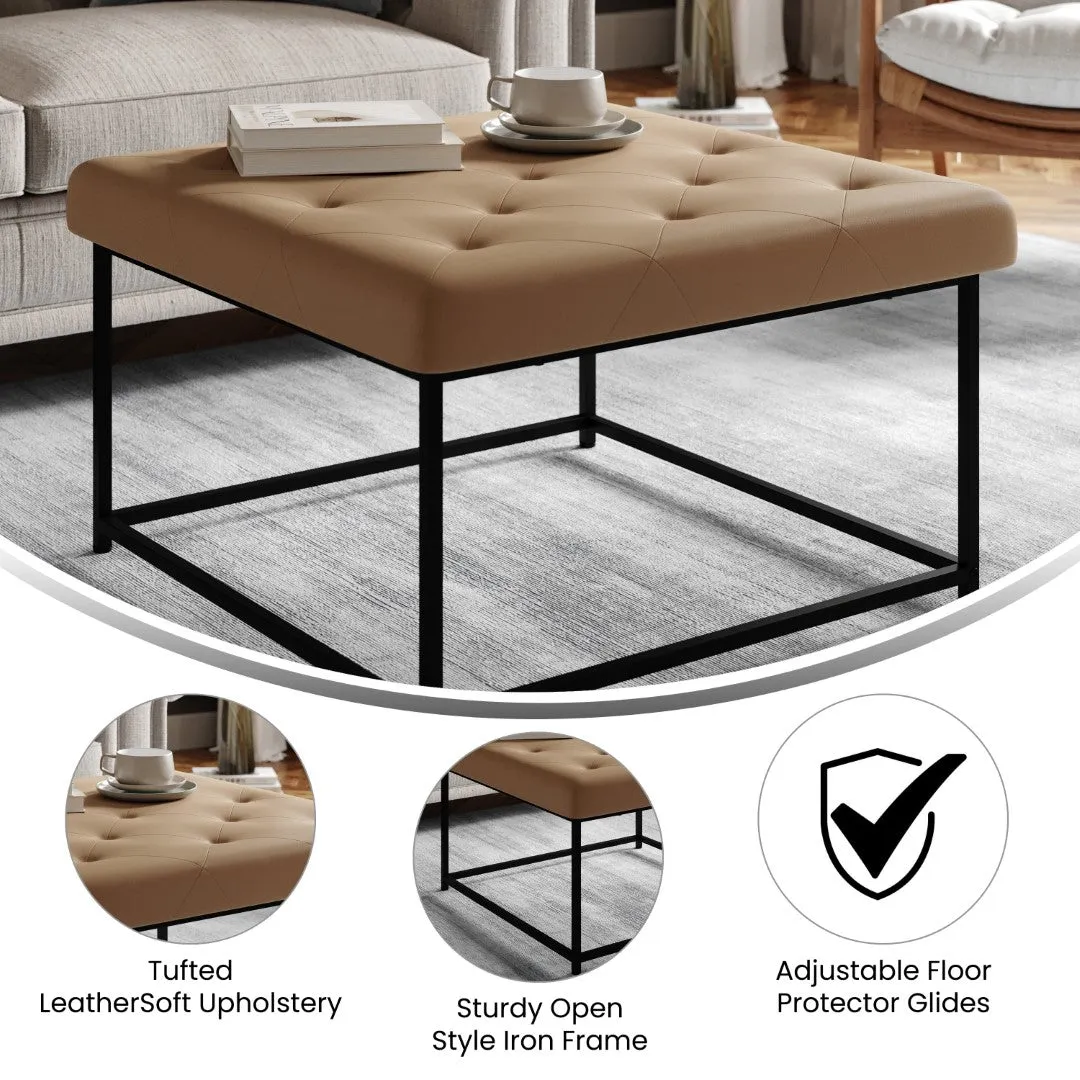 30" LeatherSoft Tufted Ottoman - Black Metal Frame, Beige - 250 lbs. Capacity