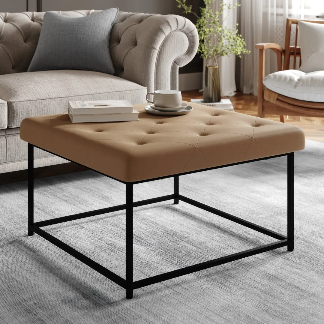 30" LeatherSoft Tufted Ottoman - Black Metal Frame, Beige - 250 lbs. Capacity
