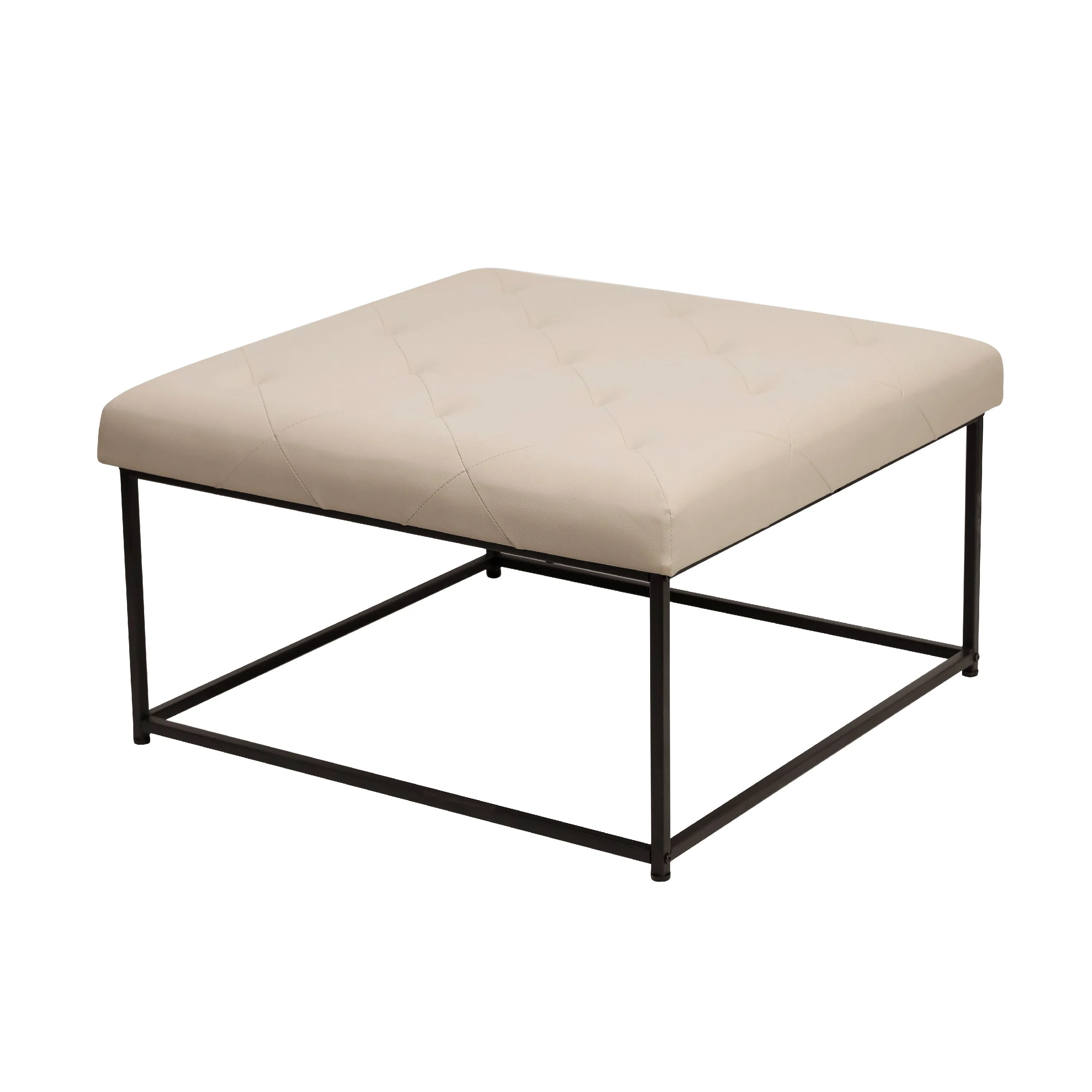 30" LeatherSoft Tufted Ottoman - Black Metal Frame, Beige - 250 lbs. Capacity