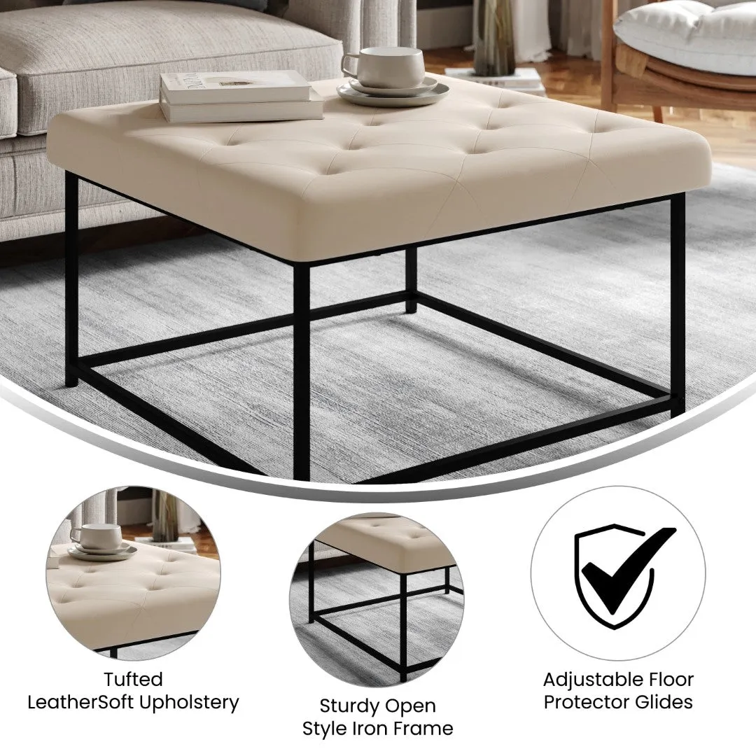 30" LeatherSoft Tufted Ottoman - Black Metal Frame, Beige - 250 lbs. Capacity