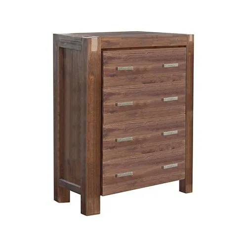 4 Pieces Bedroom Suite in Solid Wood Veneered Acacia Construction Timber Slat Double Size Chocolate Colour Bed, Bedside Table & Tallboy