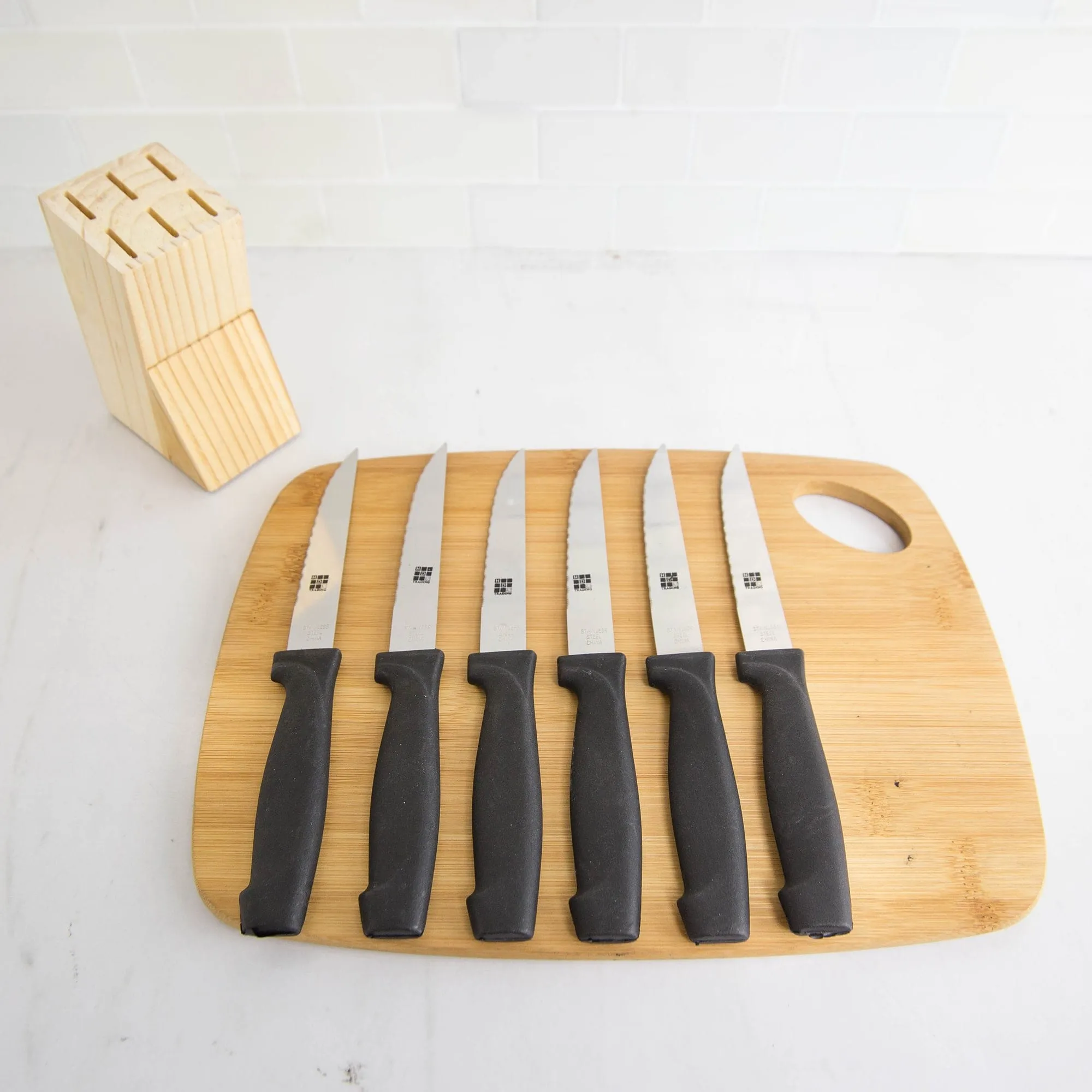 6 Piece Stainless Steel Steak Knife Set with All Natural Wood Display Block