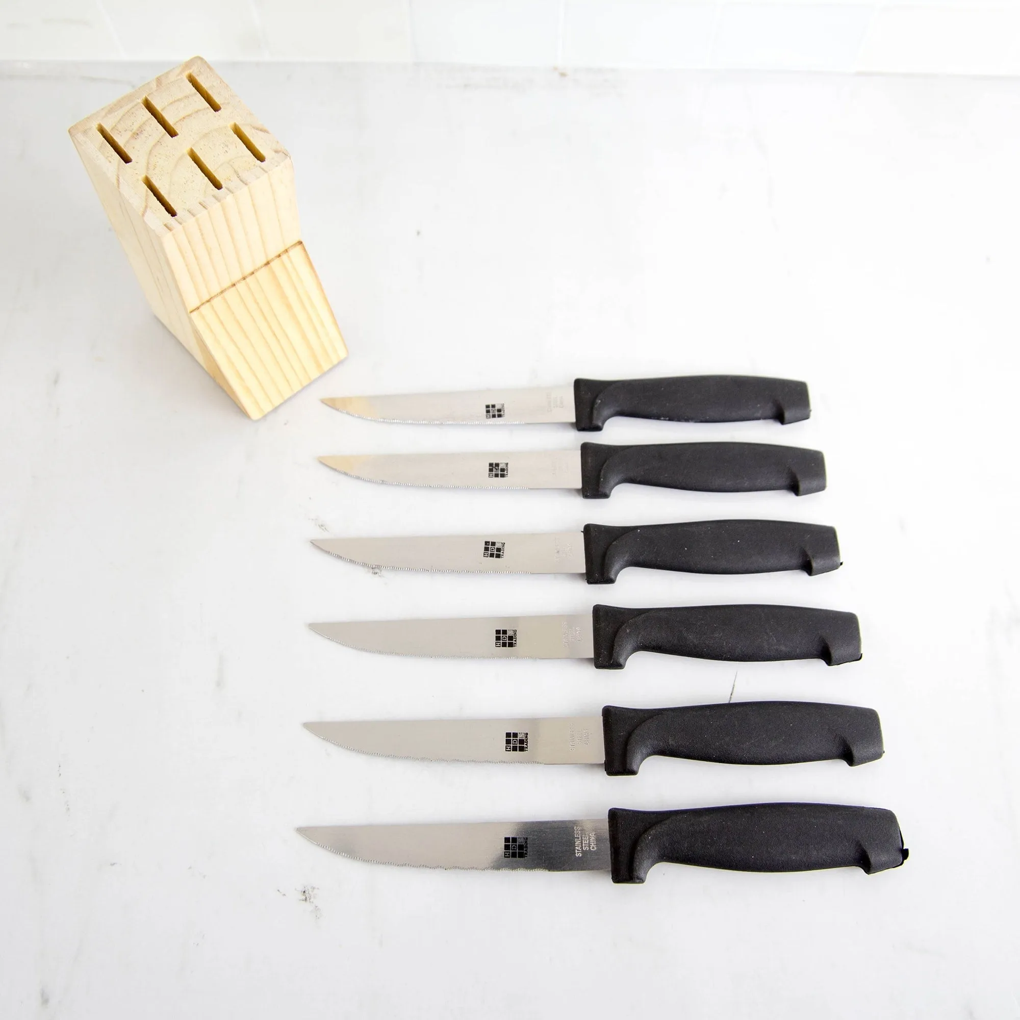 6 Piece Stainless Steel Steak Knife Set with All Natural Wood Display Block