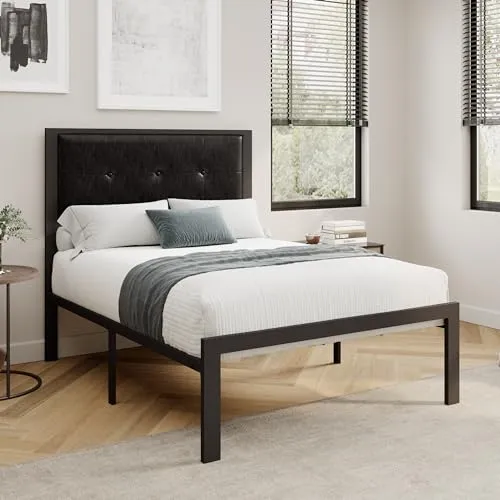 Allewie Twin Bed Frames with Faux Leather Headboard for Kids, Platform Bed Frame with 12.4” Underbed Storage, No Box Spring Needed, Noise Free, Black