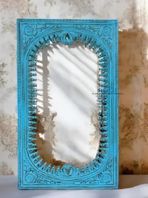 A.M INTERNATIONAL Wooden HANDCARVED Wall Mirror Frame | Vintage Mirror Frame | Wooden JHAROKHA Wall Mirror Frame for Bedroom LIVINGROOM Hall Office (Without Mirror) 5 * 3 FT (Blue Distress)