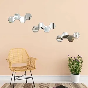 DecorWear 12 Hexagon Mirror Silver Plastic Wall Stickers for Wall Size (10.5x12.1) Cm Acrylic Mirror Wall Decor Sticker, Wall Mirror Stickers, 3D Hexagonal Mirror Wall Sticker (T-12HexaSilver)