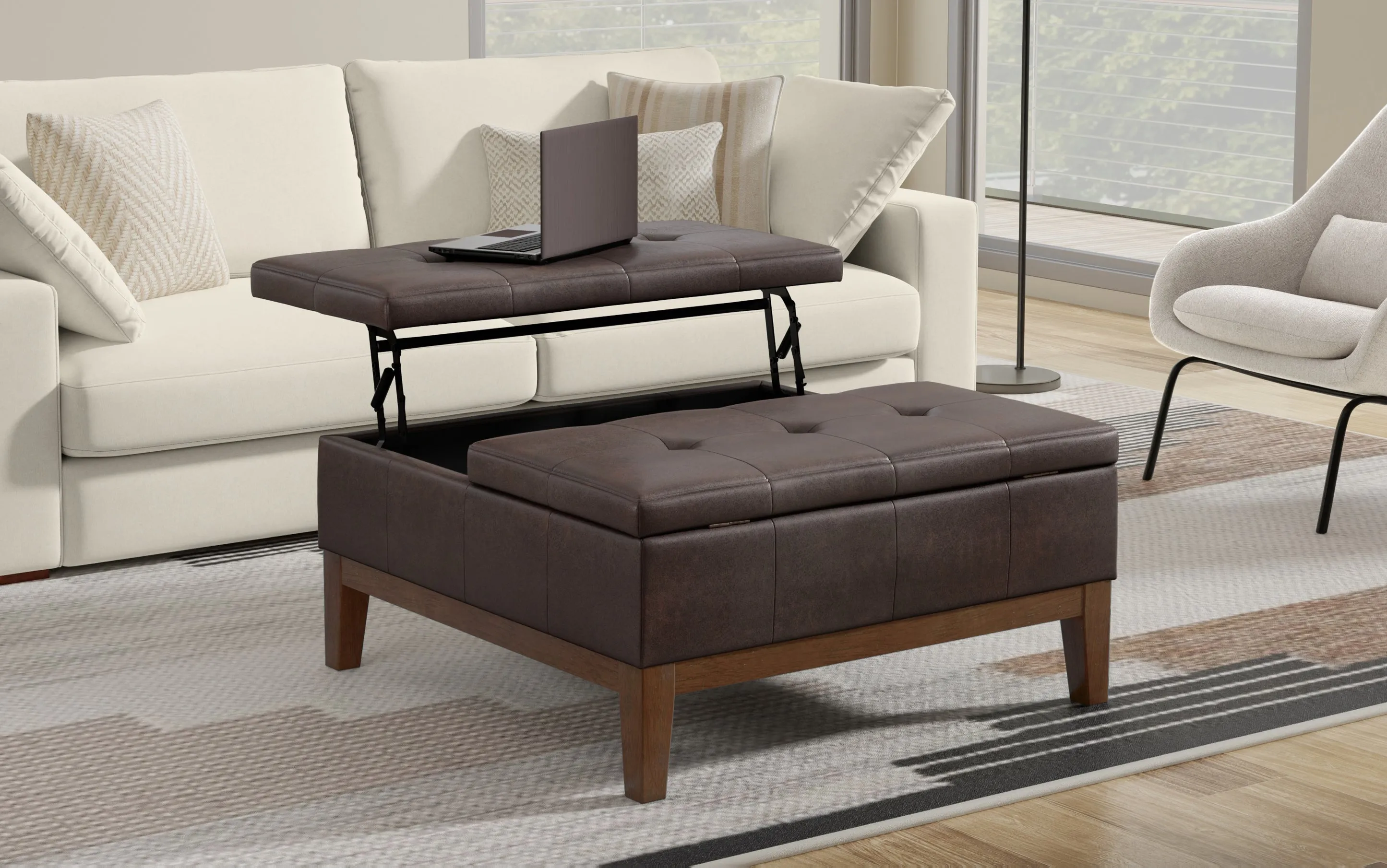 Dover Lift Top Coffee Table Storage Ottoman in Distressed Vegan Leather