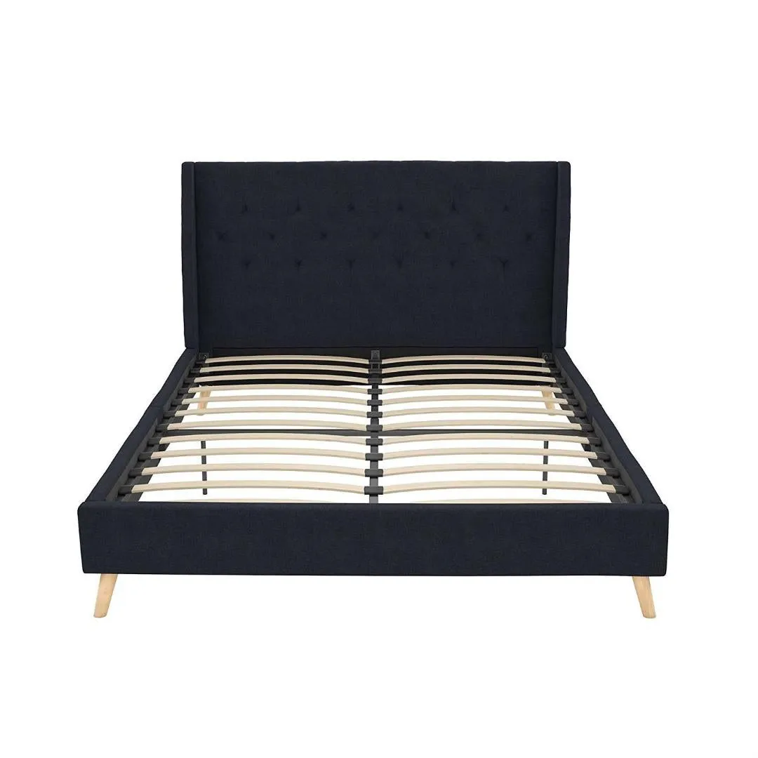 Full size Navy Blue Linen Upholstered Mid-Century Modern Wingback Platform Bed