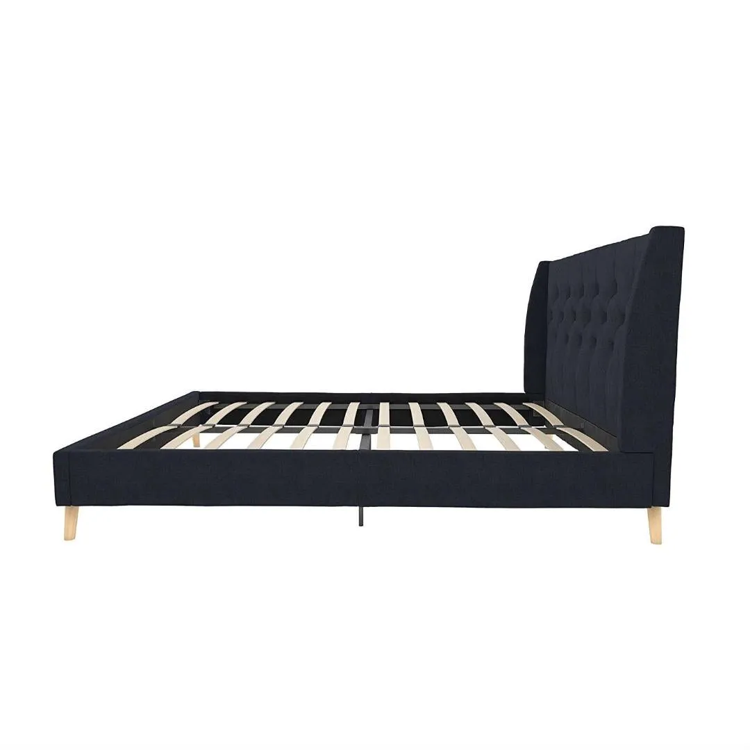 Full size Navy Blue Linen Upholstered Mid-Century Modern Wingback Platform Bed