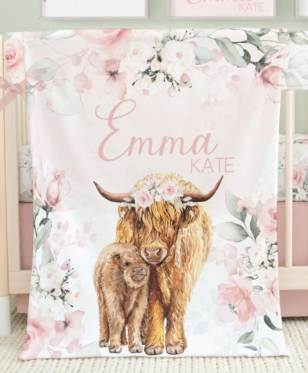 Highland Cow Floral Nursery Starter Crib Bedding Set