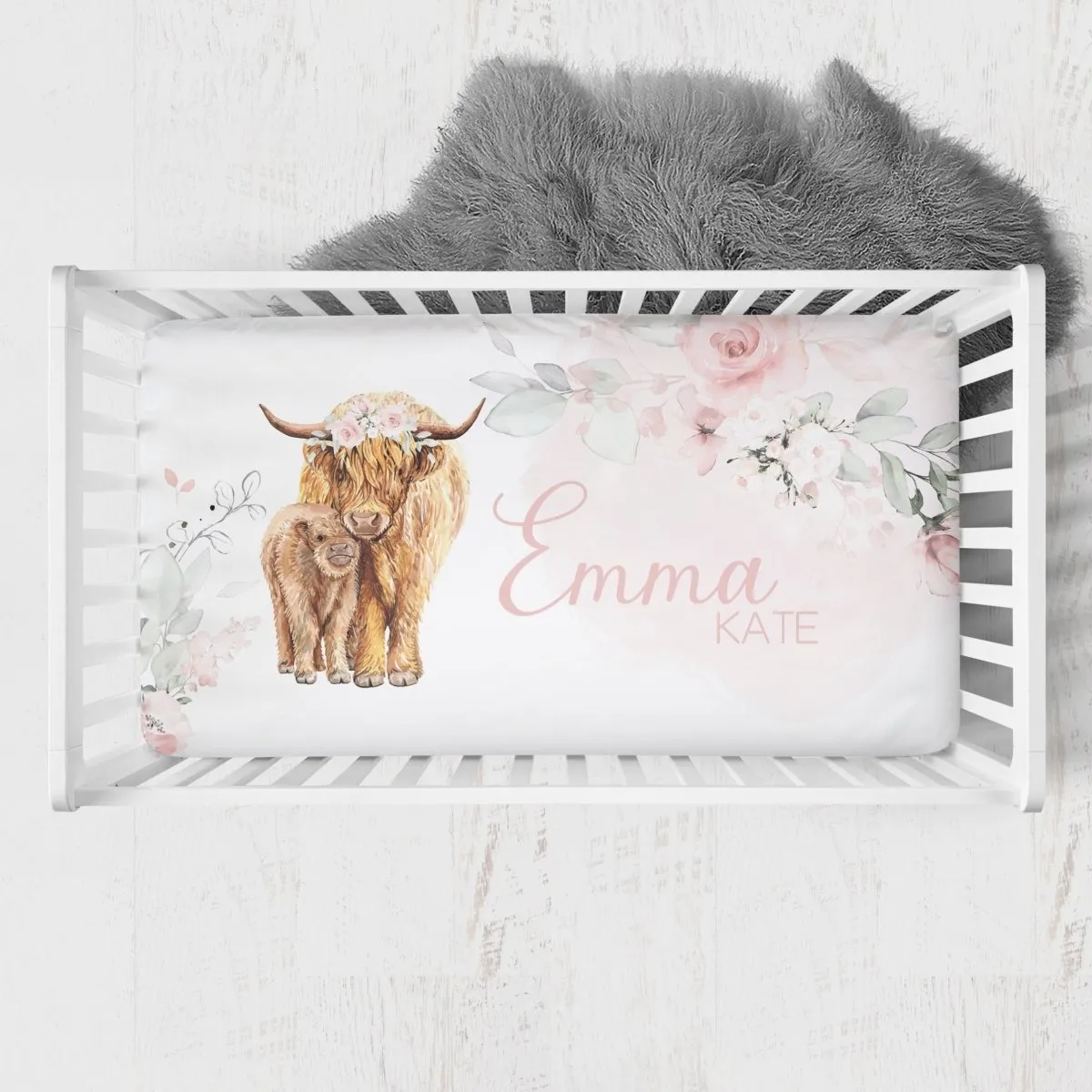 Highland Cow Floral Nursery Starter Crib Bedding Set