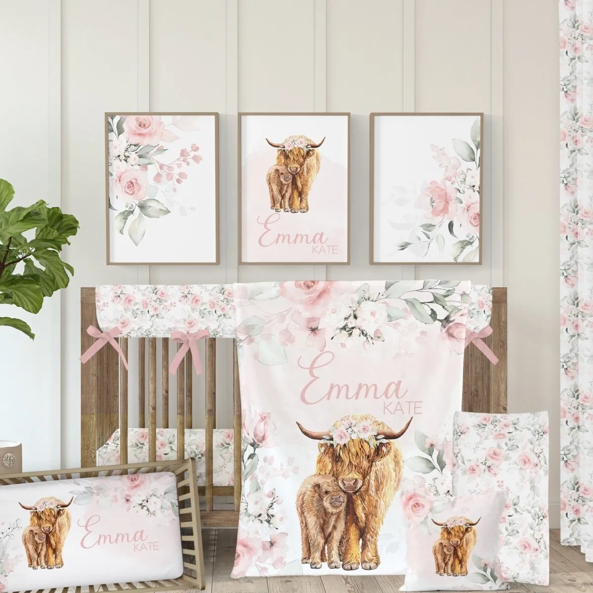 Highland Cow Floral Nursery Starter Crib Bedding Set