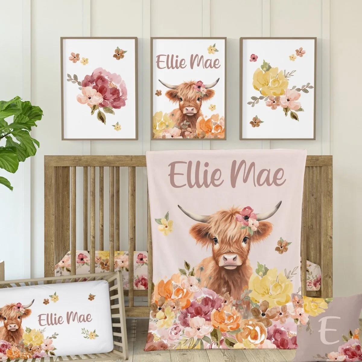 Highland Cow Wildflower Nursery Starter Crib Bedding Set