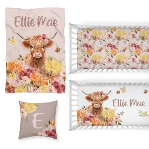 Highland Cow Wildflower Nursery Starter Crib Bedding Set