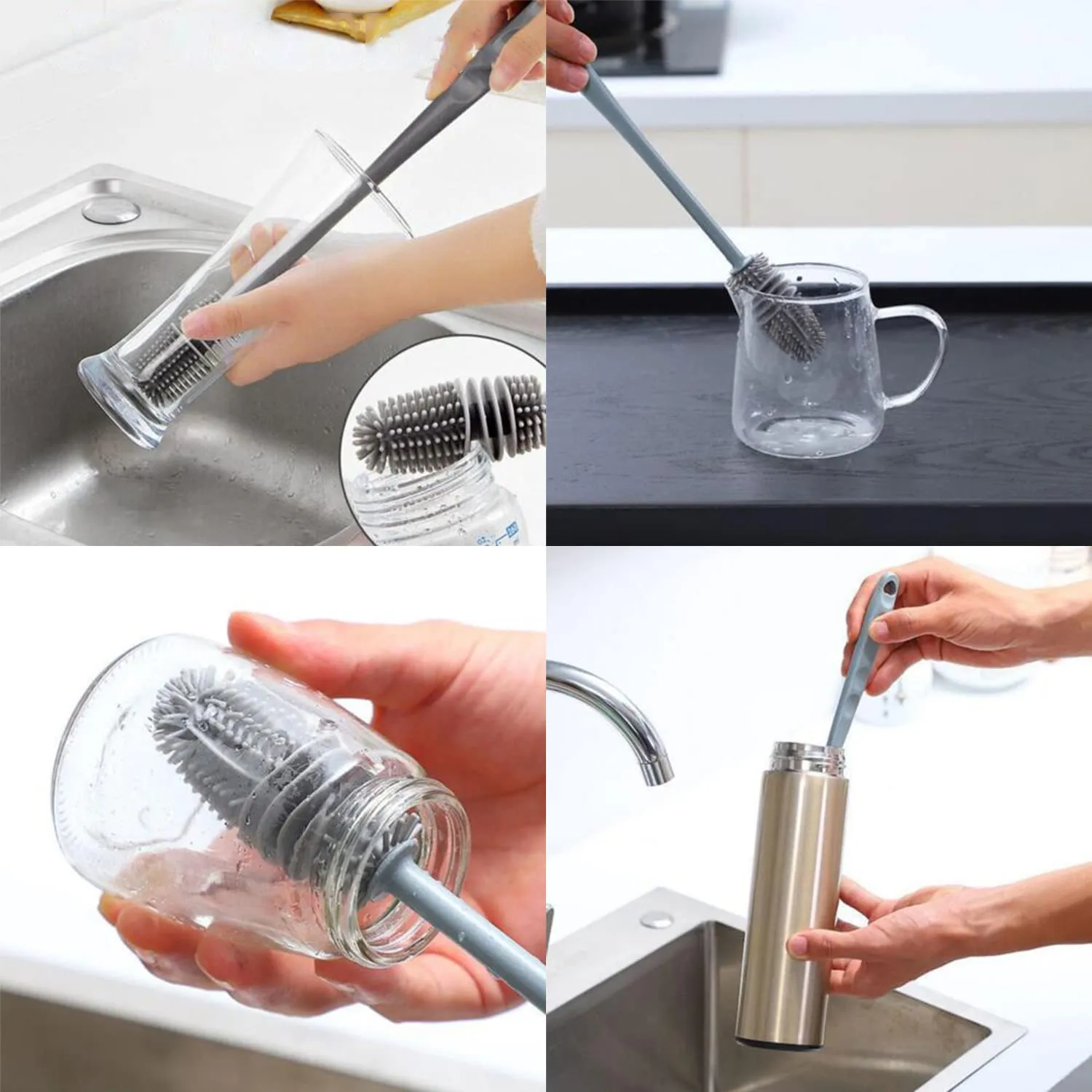 Kuber Industries Bottle Cleaning Brush|Silicone Water Bottle Cleaner|Brush with Long Handle|Reusable Cleaning Brush|Bottle Brush Cleaner Set|Pack of 3 (Gray)