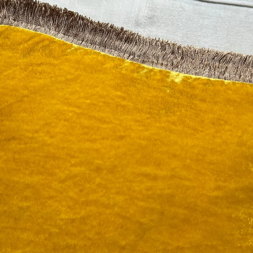 Liza Silk Velvet Embroidered Cushion in Citrine with Beige Fringe