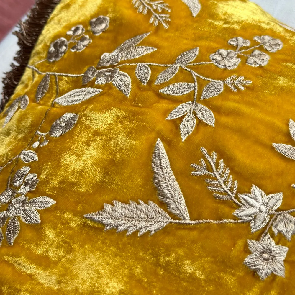 Liza Silk Velvet Embroidered Cushion in Citrine with Beige Fringe