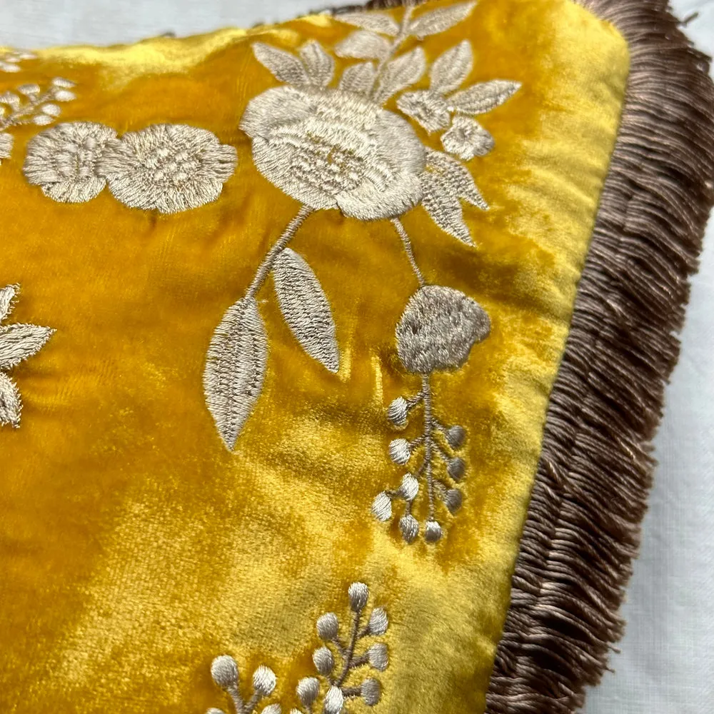 Liza Silk Velvet Embroidered Cushion in Citrine with Beige Fringe