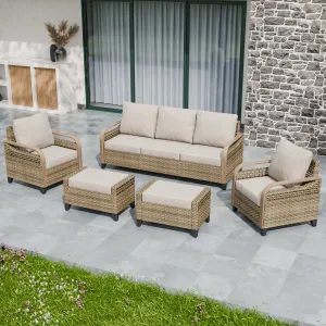 Modern Wicker Outdoor Patio Furniture Set,2 Patio Chairs, 3-Seat Loveseat and 2 Ottomans, 5 Pieces, Brown/Gray