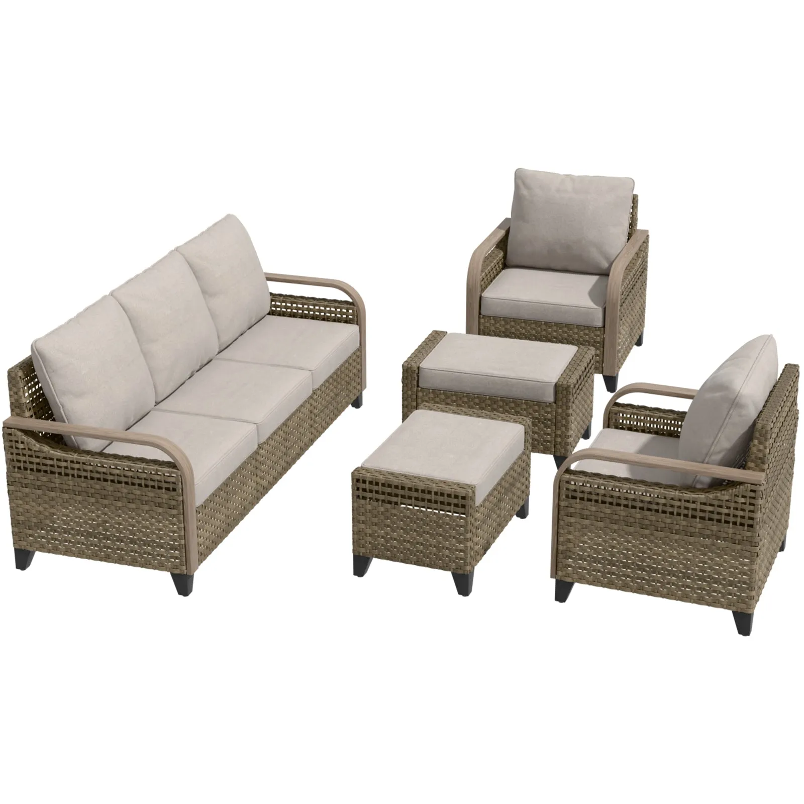 Modern Wicker Outdoor Patio Furniture Set,2 Patio Chairs, 3-Seat Loveseat and 2 Ottomans, 5 Pieces, Brown/Gray