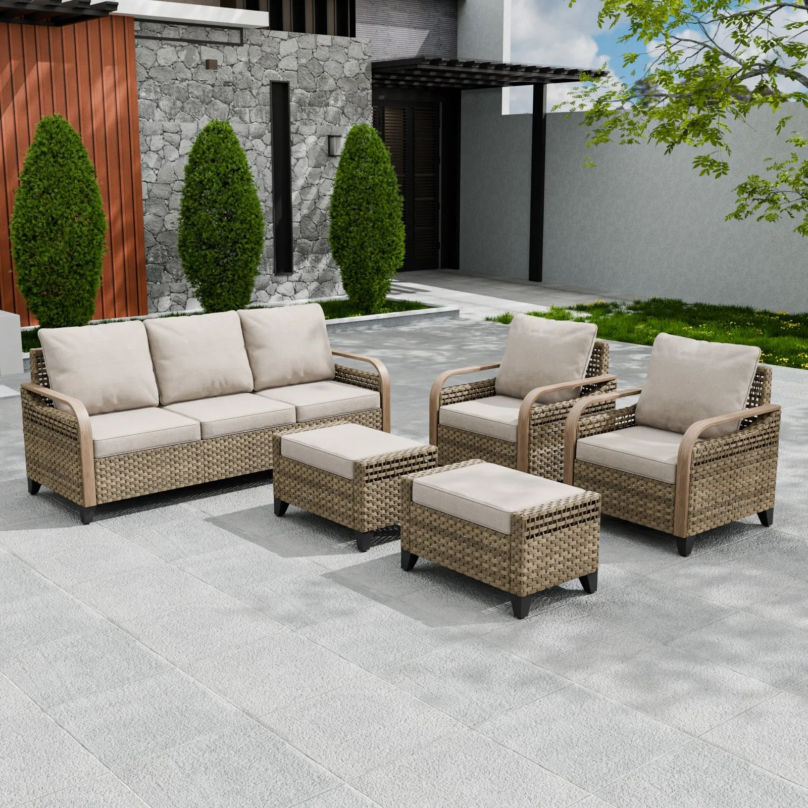 Modern Wicker Outdoor Patio Furniture Set,2 Patio Chairs, 3-Seat Loveseat and 2 Ottomans, 5 Pieces, Brown/Gray