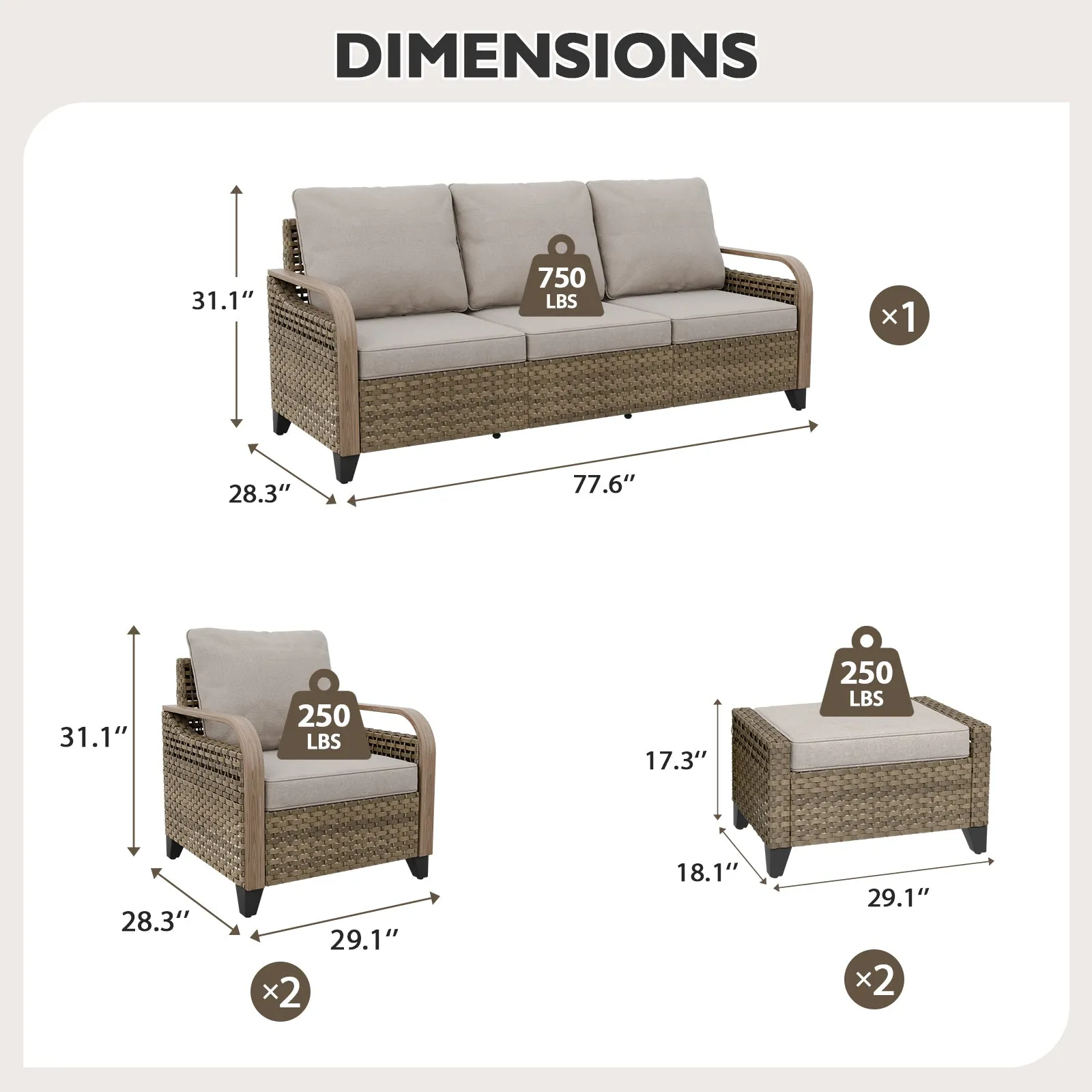Modern Wicker Outdoor Patio Furniture Set,2 Patio Chairs, 3-Seat Loveseat and 2 Ottomans, 5 Pieces, Brown/Gray