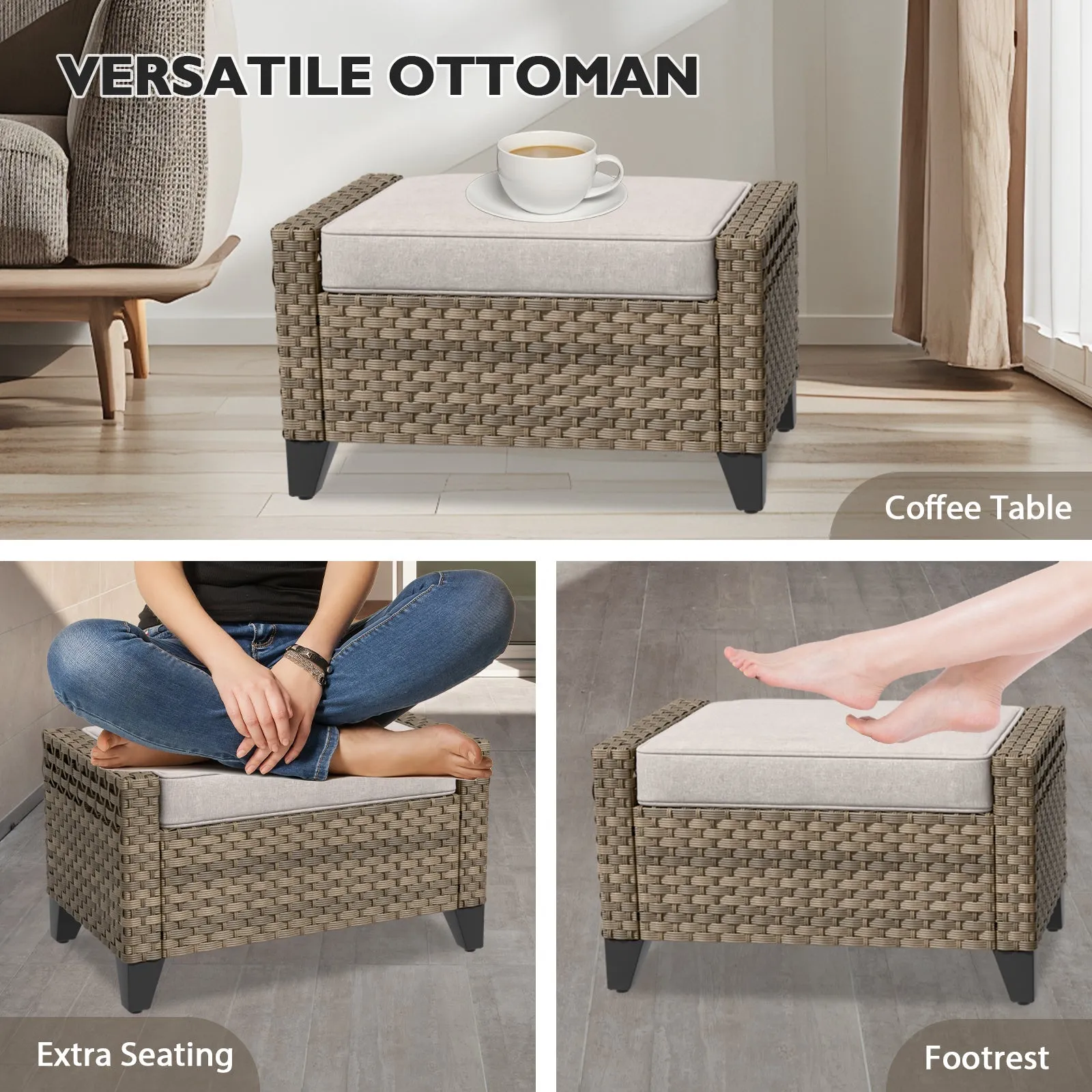 Modern Wicker Outdoor Patio Furniture Set,2 Patio Chairs, 3-Seat Loveseat and 2 Ottomans, 5 Pieces, Brown/Gray