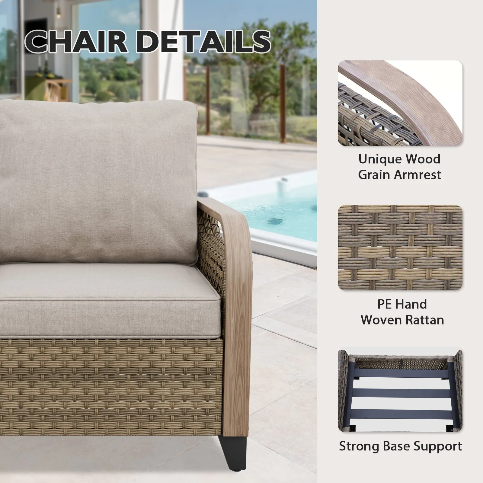 Modern Wicker Outdoor Patio Furniture Set,2 Patio Chairs, 3-Seat Loveseat and 2 Ottomans, 5 Pieces, Brown/Gray