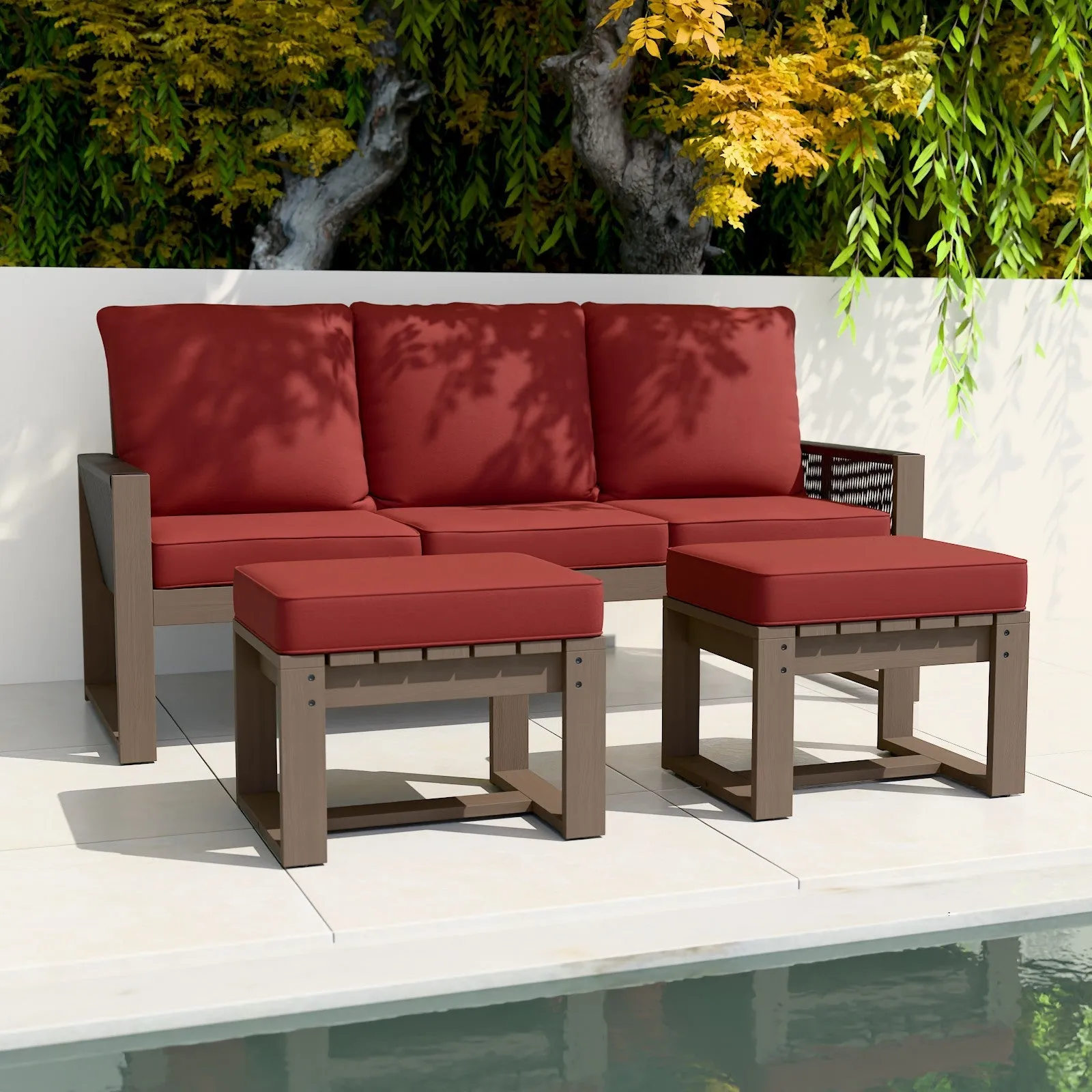 Natural Wood Furniture Set, Sofa and Ottomans, 3 Pieces