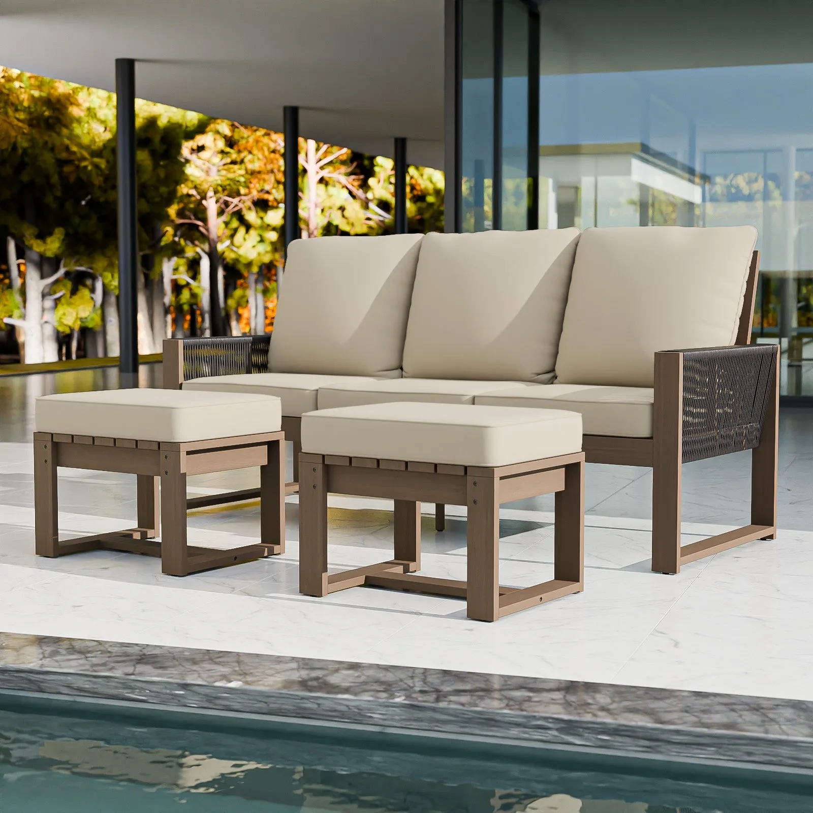 Natural Wood Furniture Set, Sofa and Ottomans, 3 Pieces