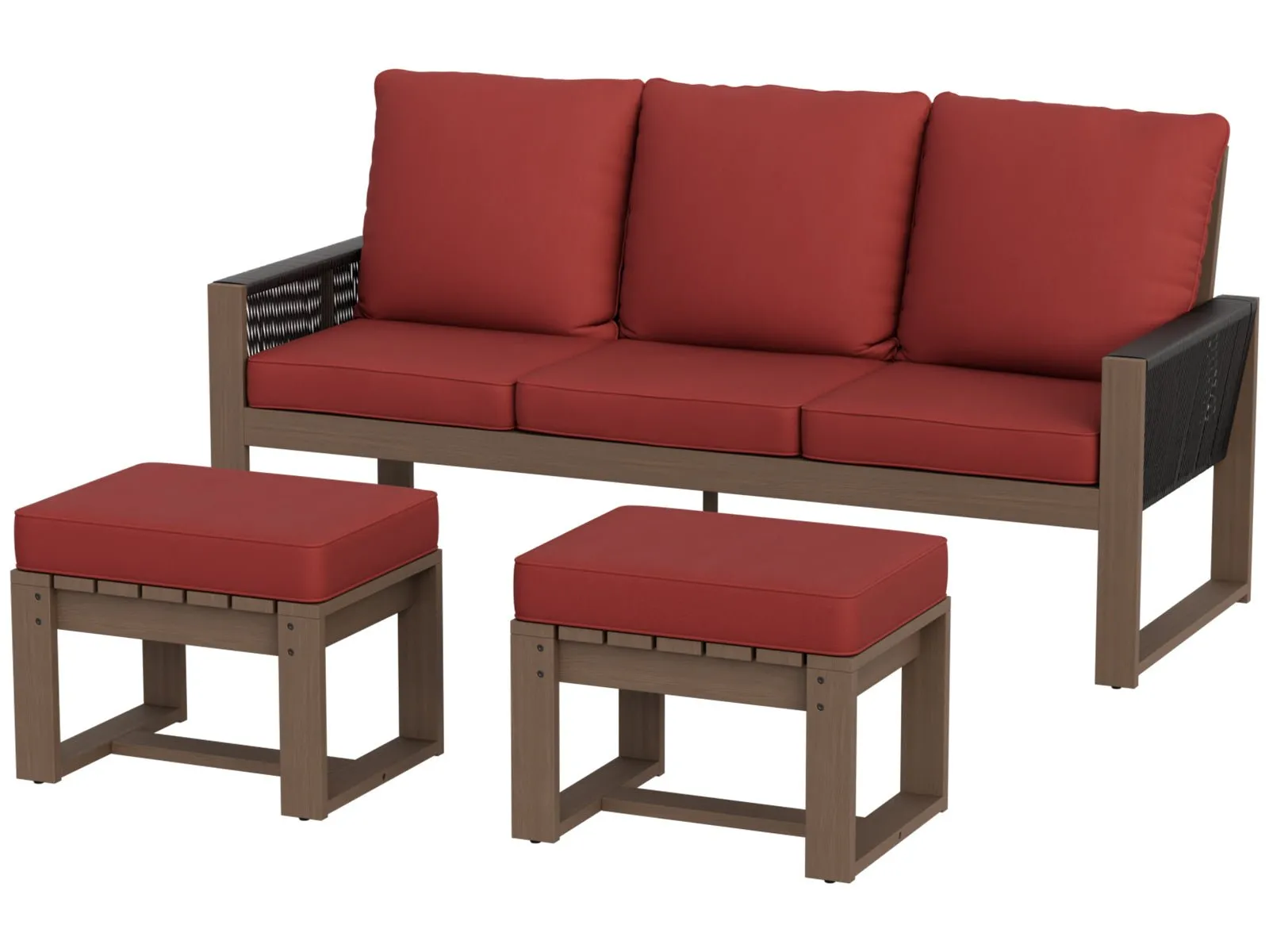 Natural Wood Furniture Set, Sofa and Ottomans, 3 Pieces
