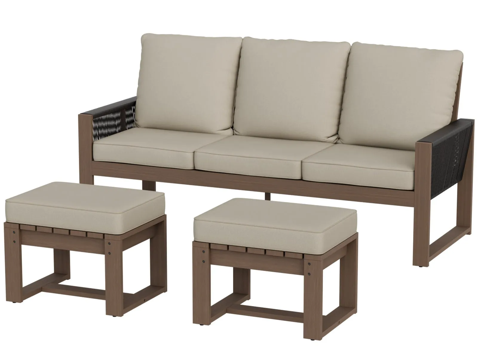 Natural Wood Furniture Set, Sofa and Ottomans, 3 Pieces
