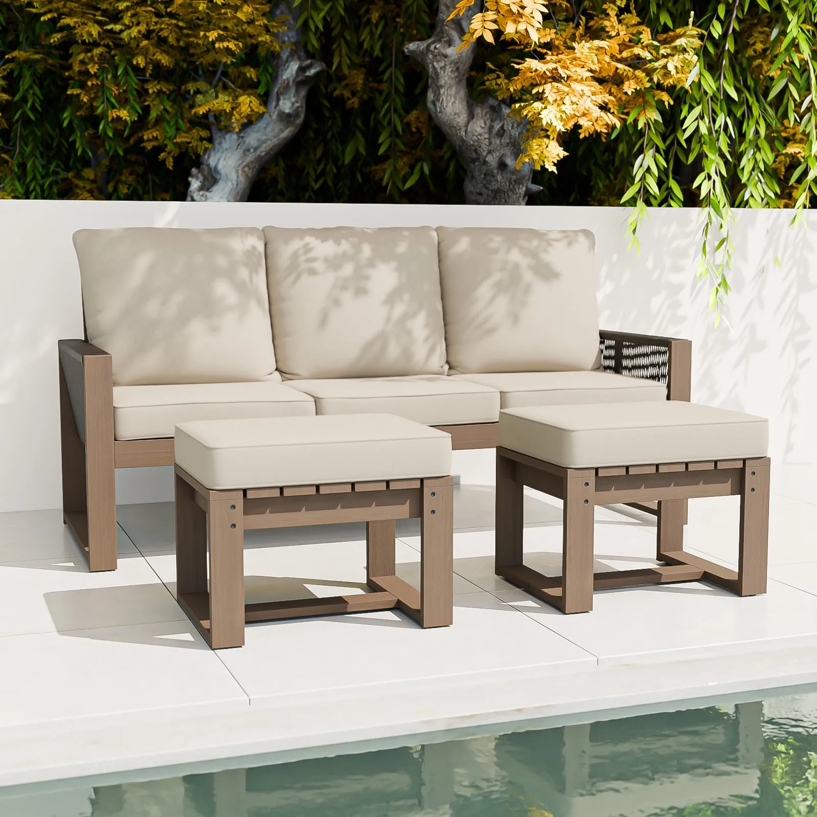Natural Wood Furniture Set, Sofa and Ottomans, 3 Pieces
