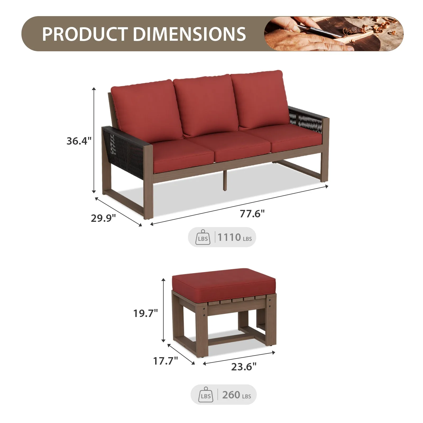 Natural Wood Furniture Set, Sofa and Ottomans, 3 Pieces