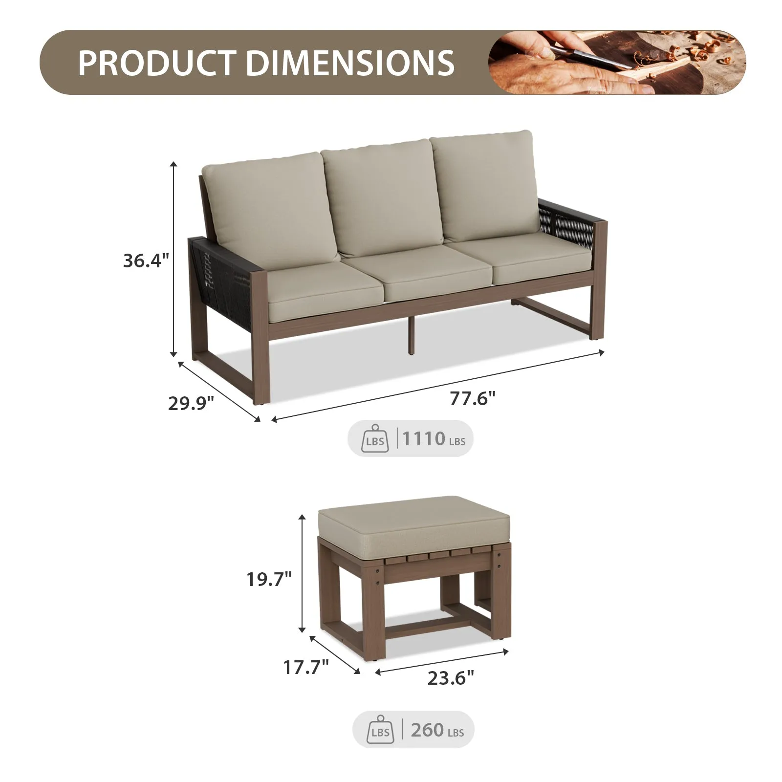Natural Wood Furniture Set, Sofa and Ottomans, 3 Pieces